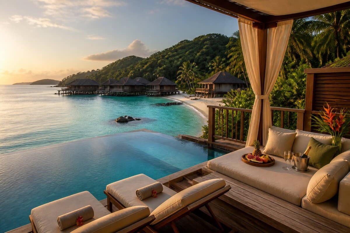 A luxurious tropical resort with beachfront villas, palm trees, a private pool, and turquoise sea in Malaysia.