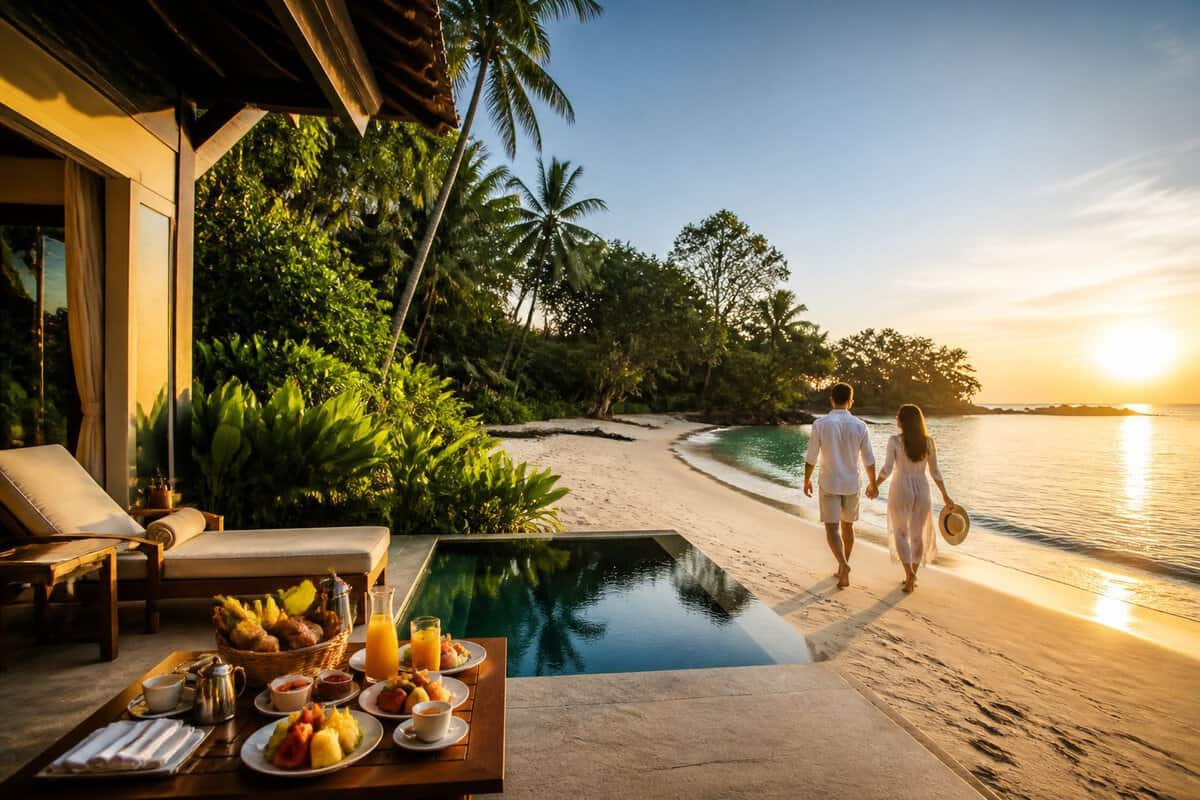 A couple enjoys a romantic all-inclusive beachfront resort in tropical Malaysia.