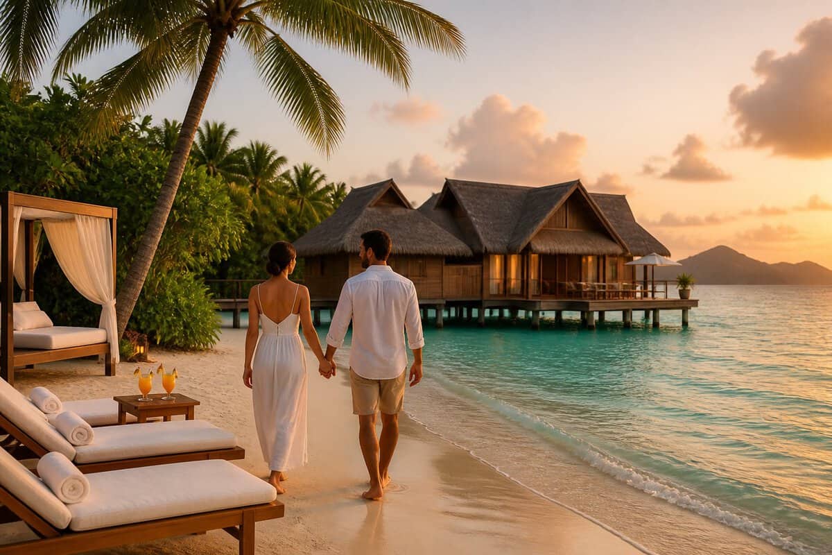 Newlywed couple walking hand in hand on a tropical Malaysian beach toward a luxury overwater resort.