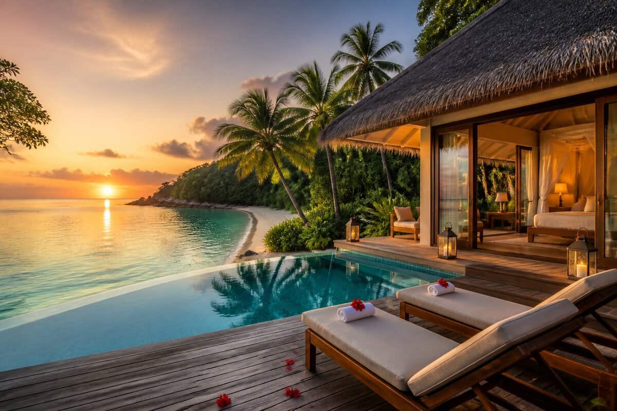A luxurious tropical beachfront resort with an infinity pool, private villa, palm trees, and calm turquoise ocean.