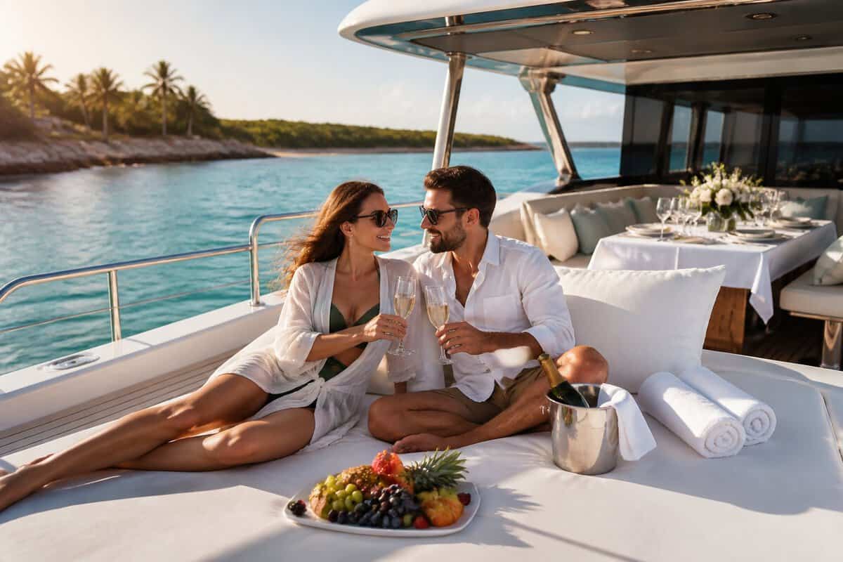 A newlywed couple relaxes on the deck of a luxury yacht in tropical waters.