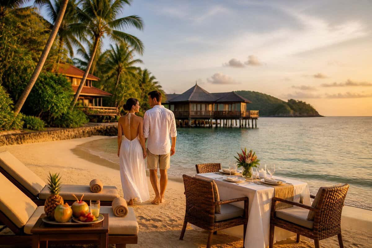 A newlywed couple walks beside a tropical Malaysian resort beach near a private dinner setting.