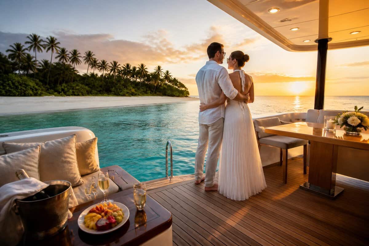 A newlywed couple embraces on the deck of a luxury yacht overlooking a tropical island at sunset.