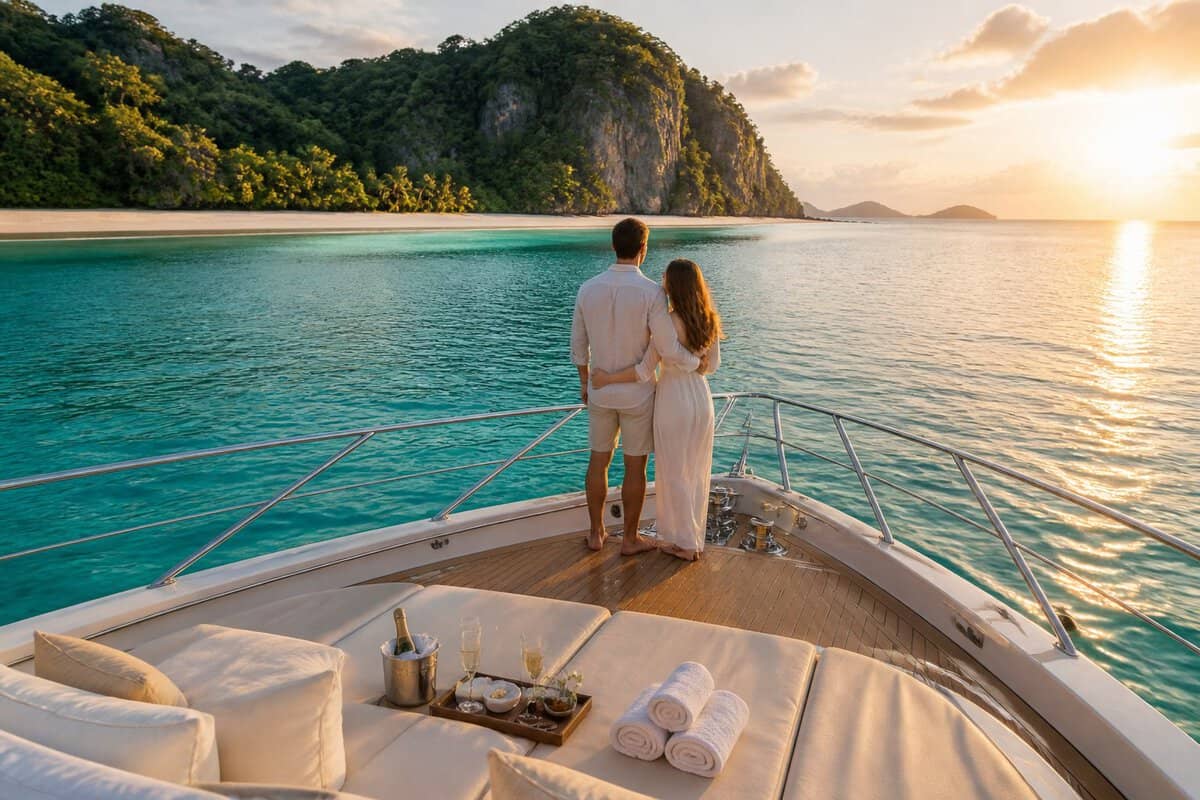 A newlywed couple relaxes on the deck of a luxury yacht sailing toward a tropical island at sunset.