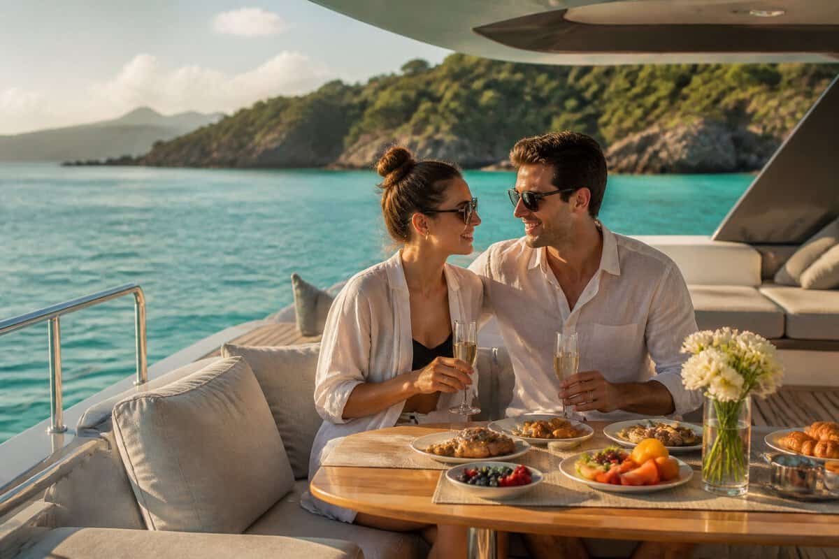 A newlywed couple enjoys a private breakfast together on the deck of a luxury yacht surrounded by turquoise water and tropical islands.