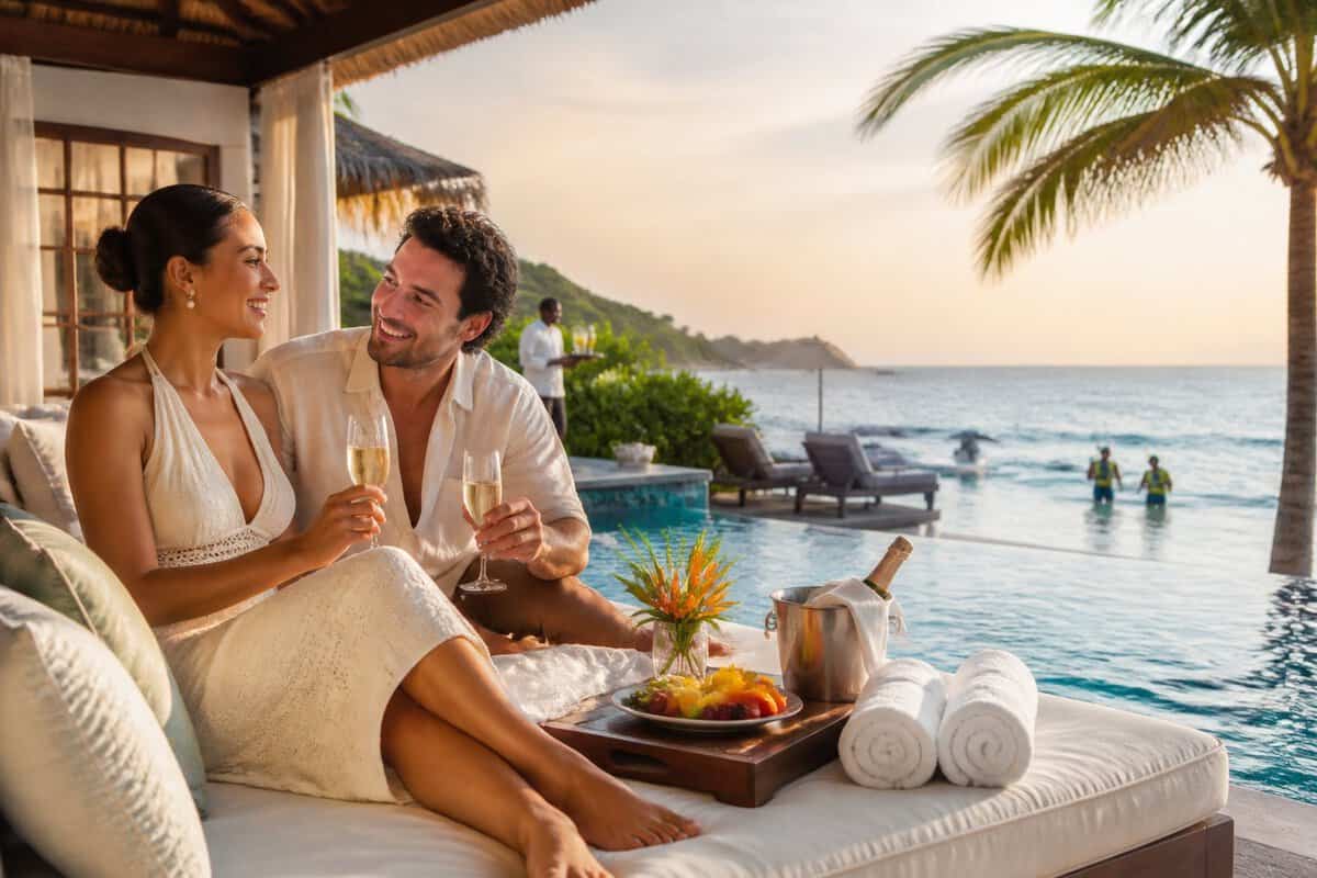 Newlywed couple relaxing at a tropical all-inclusive resort with champagne, a pool, and the beach nearby.