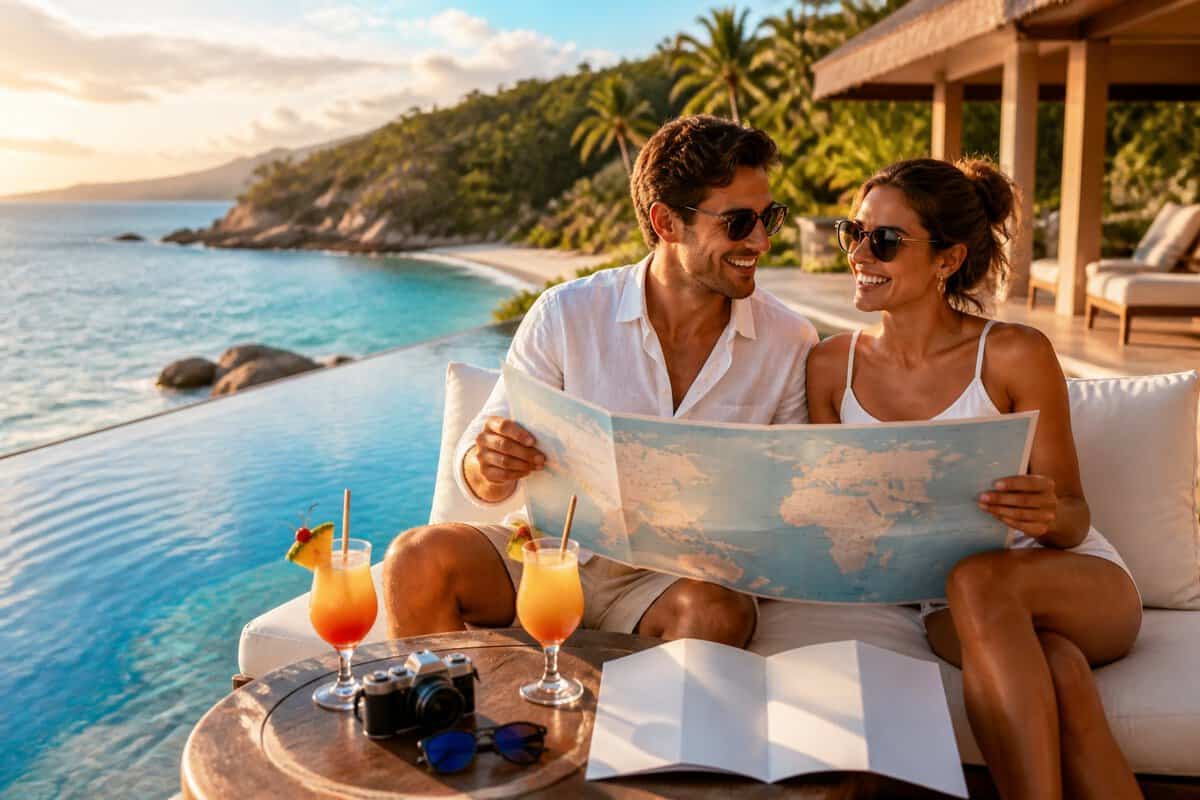 Newlywed couple relaxing beside an infinity pool at a tropical resort overlooking the ocean.