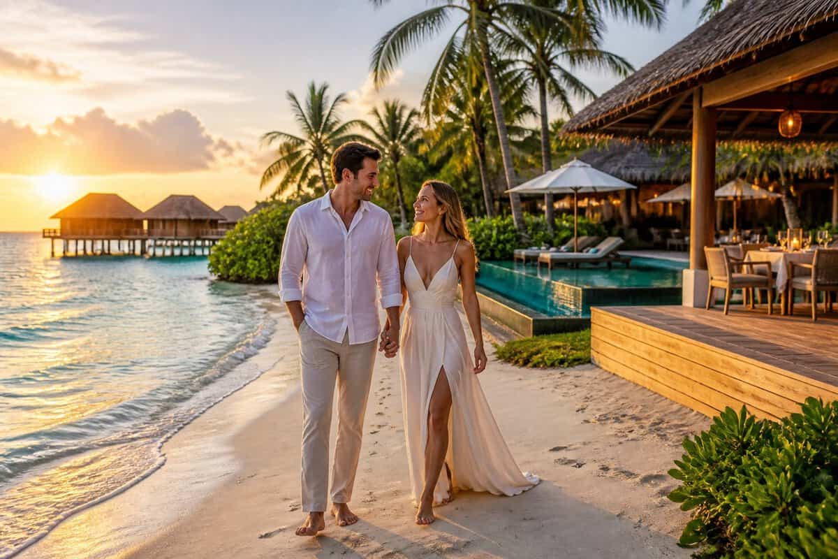 A newlywed couple walks hand in hand along a tropical beach beside a luxury resort.