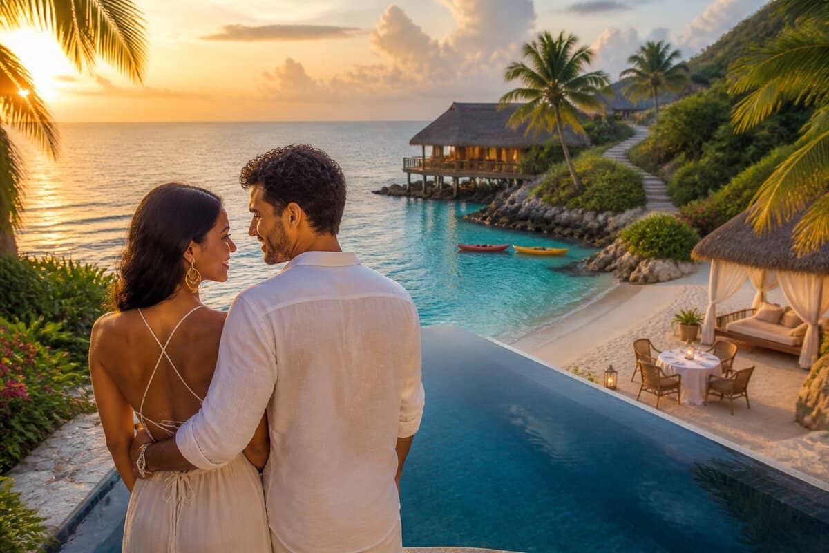 A newlywed couple relaxes at a tropical all-inclusive resort overlooking an infinity pool and turquoise ocean.