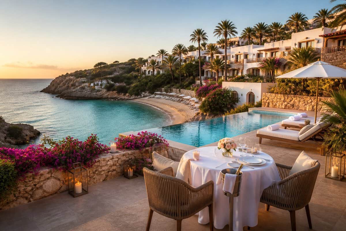 A luxurious beachfront resort in Menorca with a turquoise cove, infinity pool, palm gardens, and a romantic table for two.