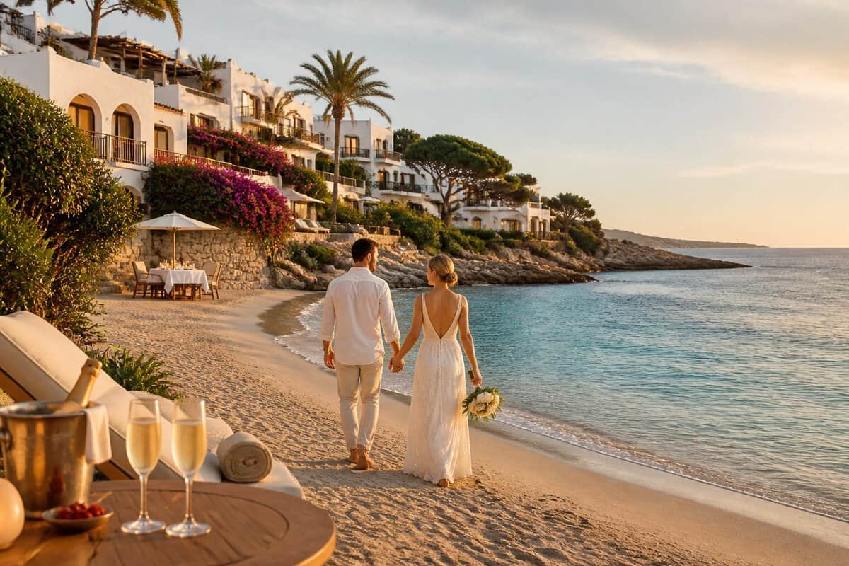 Newlywed couple walking along a beach beside a luxury resort in Menorca.