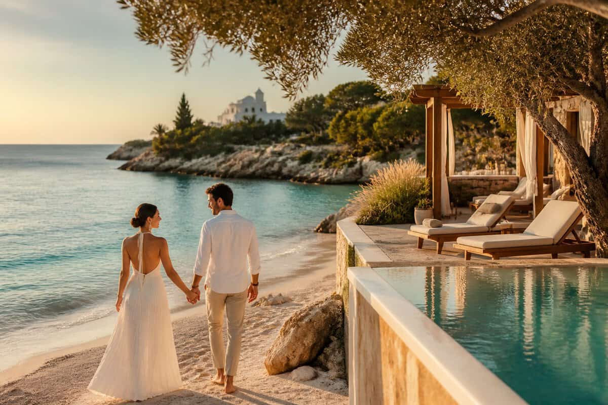 A couple walks hand in hand along a tranquil Menorcan beach beside a luxurious coastal resort.