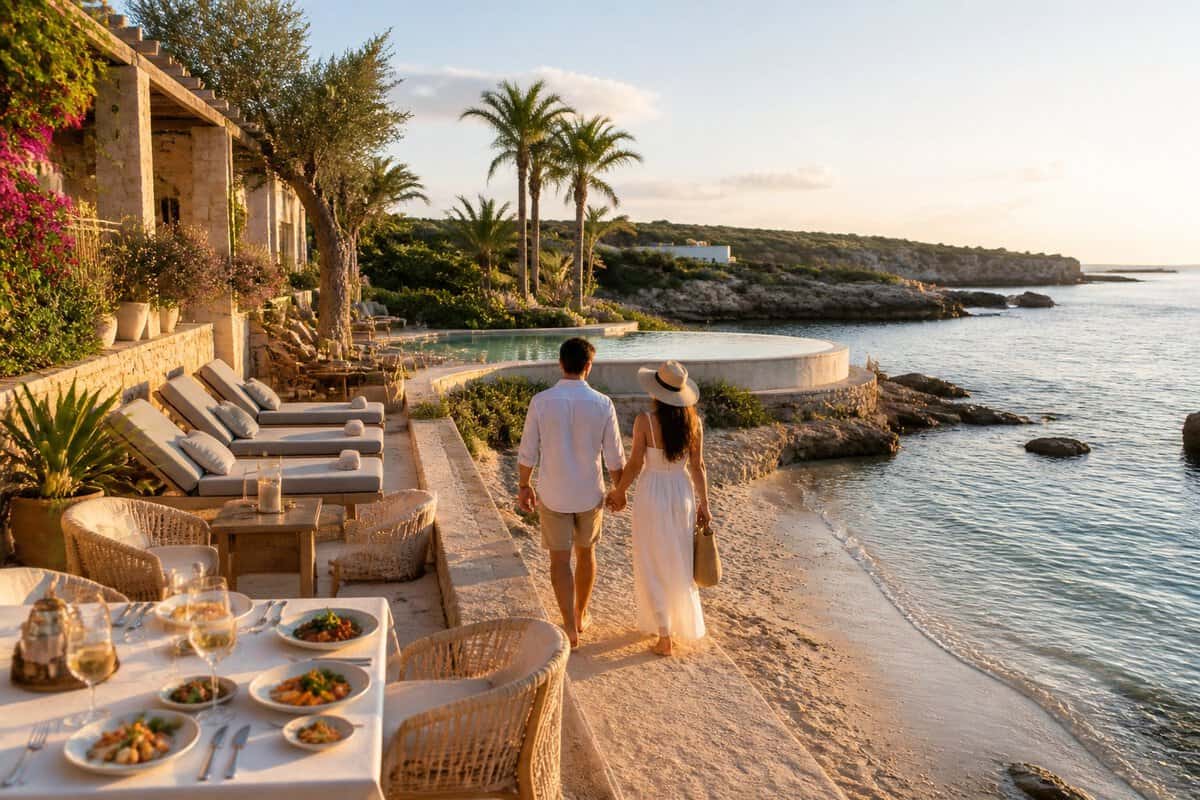 A couple walks beside a turquoise cove at a Menorca resort with a pool, loungers, and a prepared dinner table.