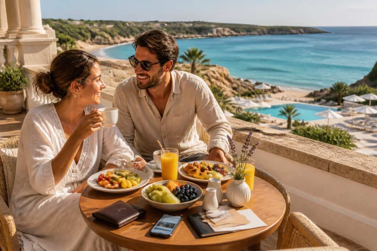 A newlywed couple relaxes on a Mediterranean resort terrace overlooking the sea, with breakfast and travel items on a table.