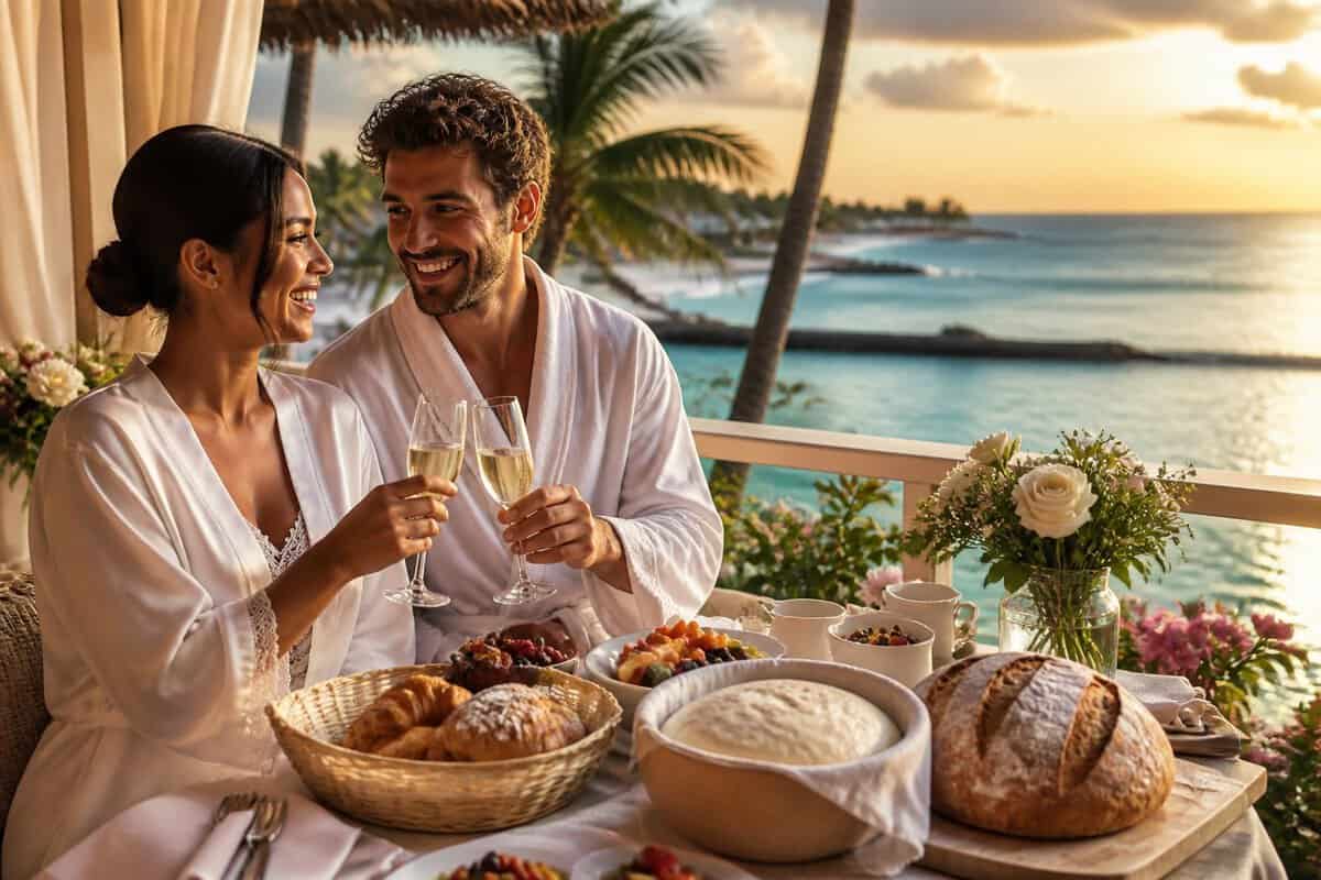 Newlywed couple enjoying a luxurious tropical resort breakfast overlooking the ocean, with champagne and fresh bread on the table.