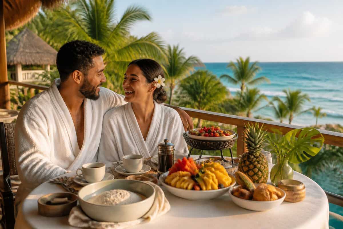 Newlywed couple enjoying breakfast on a tropical resort terrace overlooking the ocean.