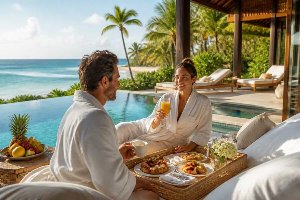 Newlywed couple relaxing at a tropical all-inclusive resort overlooking the ocean.
