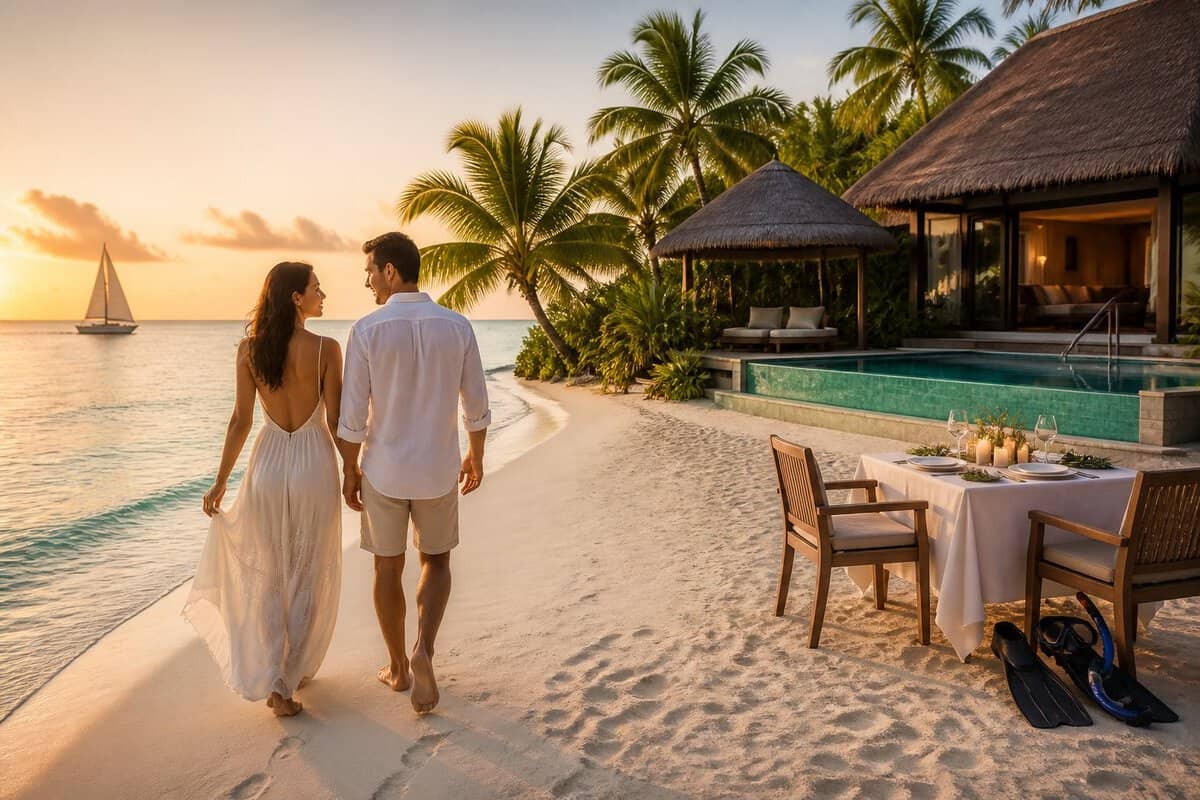 A couple walks along a tropical beach beside a luxurious all-inclusive resort.