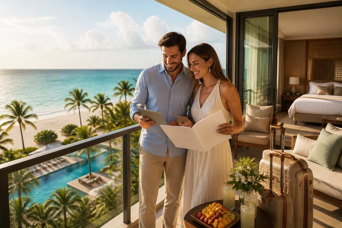 A newlywed couple compares resort options on a luxury suite balcony overlooking a tropical beach.
