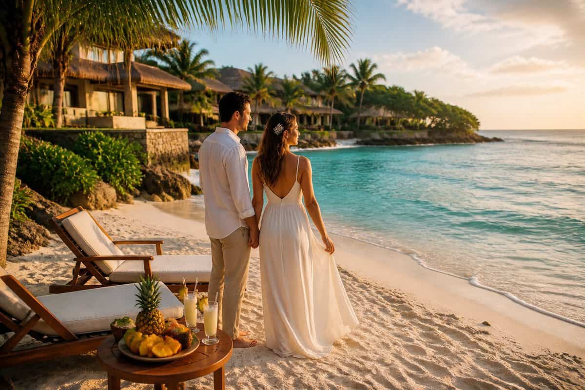 A newlywed couple holding hands on a sunny tropical beach beside a luxurious resort.