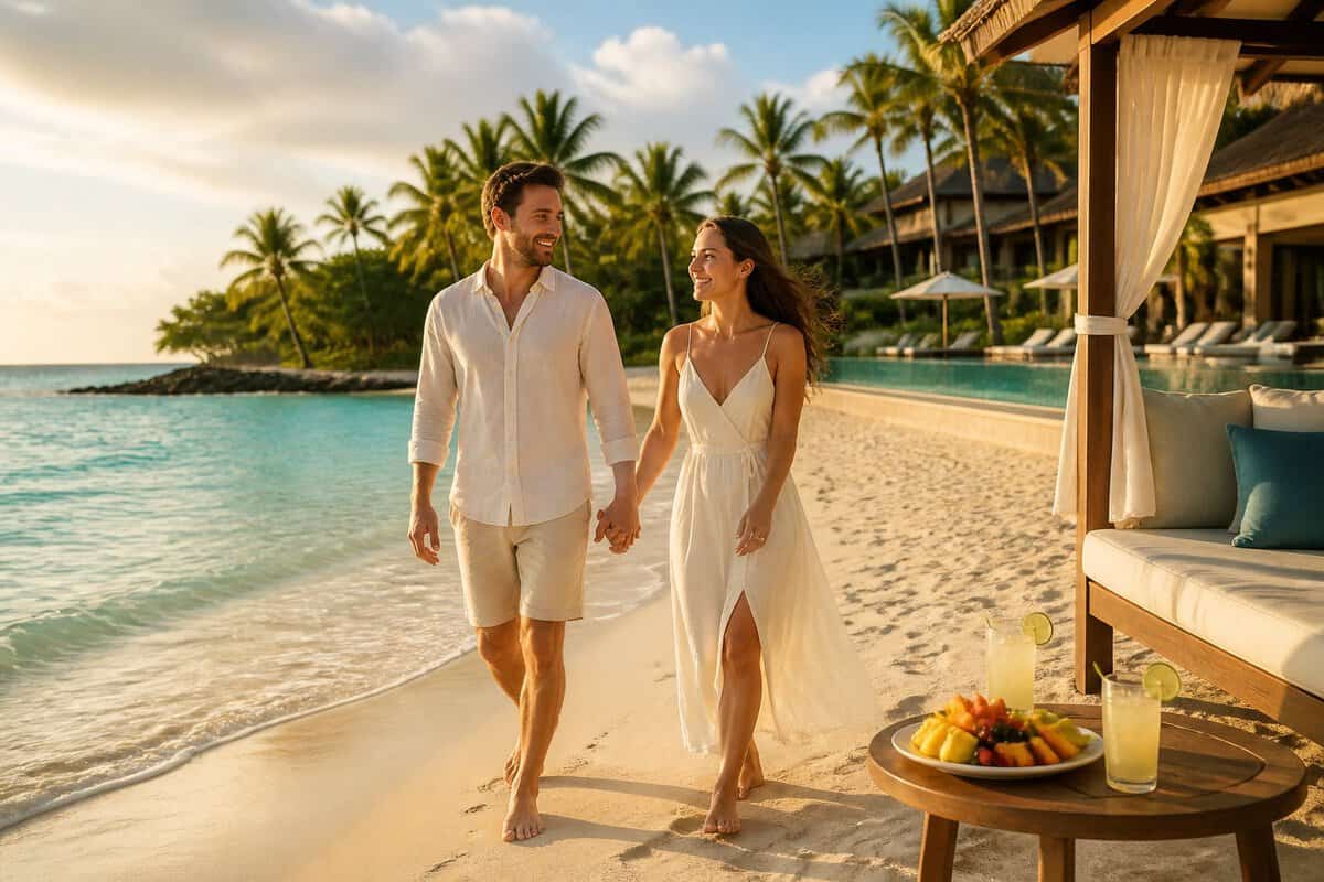 A newlywed couple walks hand in hand along a tropical beach beside a luxury resort.