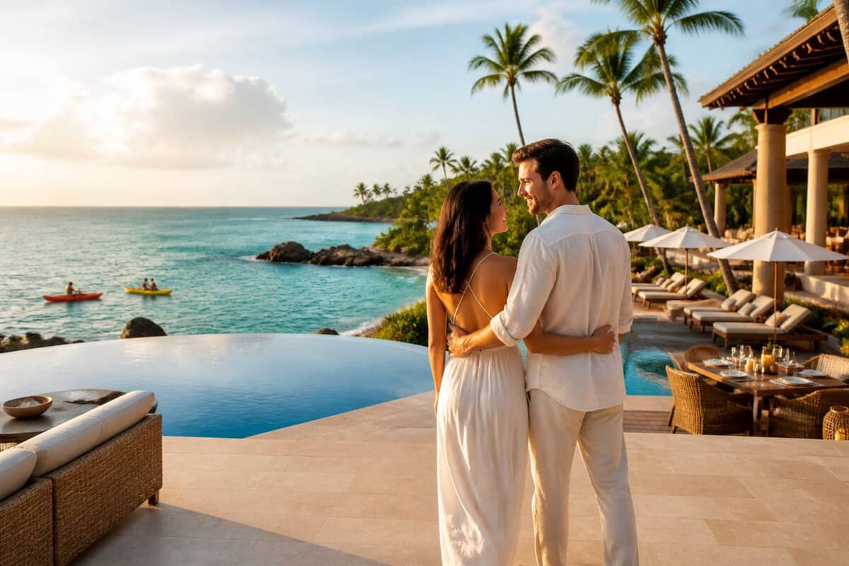 A newlywed couple relaxes on a terrace overlooking a tropical resort and turquoise ocean.