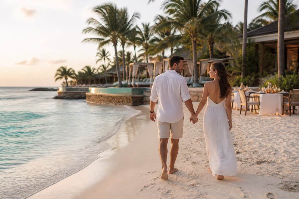 Newlywed couple walking hand in hand along a tropical beach beside a luxury resort.