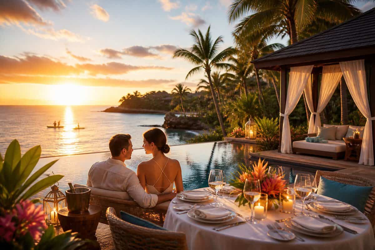Newlyweds relax at a luxurious tropical resort overlooking the ocean, with a pool, cabana, and romantic dinner setting nearby.