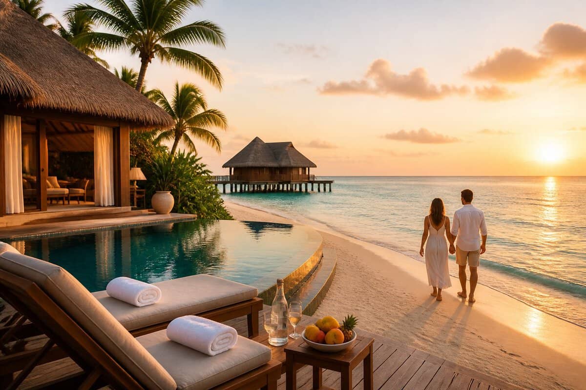 A couple walks hand in hand along a tropical beach beside a luxurious resort at sunset.