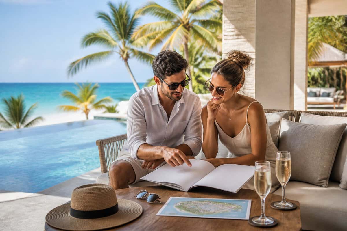 A newlywed couple compares resort options while relaxing on a tropical resort terrace overlooking the ocean.