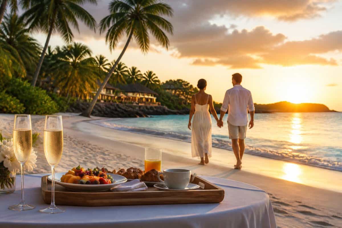 A newlywed couple walks hand in hand along a palm-fringed Caribbean beach at sunset, with champagne and breakfast in the foreground.