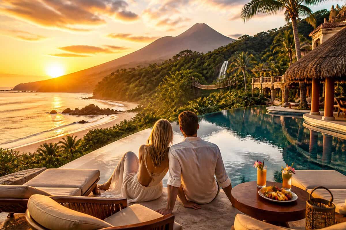 A newlywed couple relaxes at a tropical beachfront resort surrounded by lush greenery, mountains, and scenic adventure landscapes.