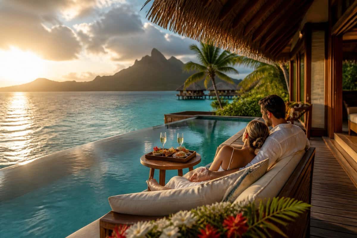 A newlywed couple relaxes beside a luxurious overwater villa overlooking a turquoise tropical lagoon at sunset.