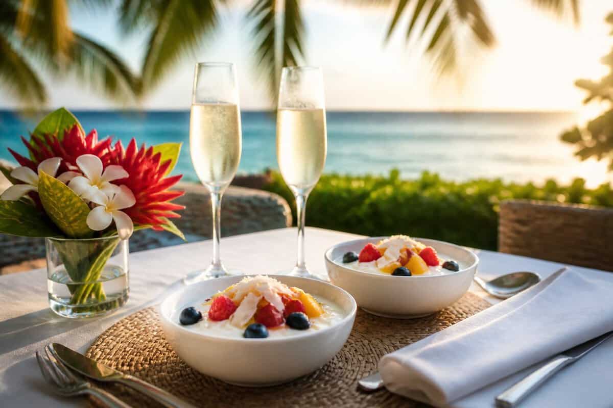 Two bowls of fruit-topped yogurt beside champagne on a tropical resort breakfast table.