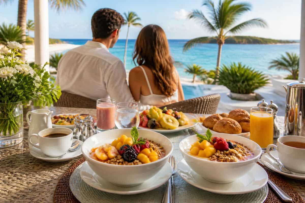 A newlywed couple enjoys a yogurt-filled tropical breakfast overlooking the ocean at a resort.