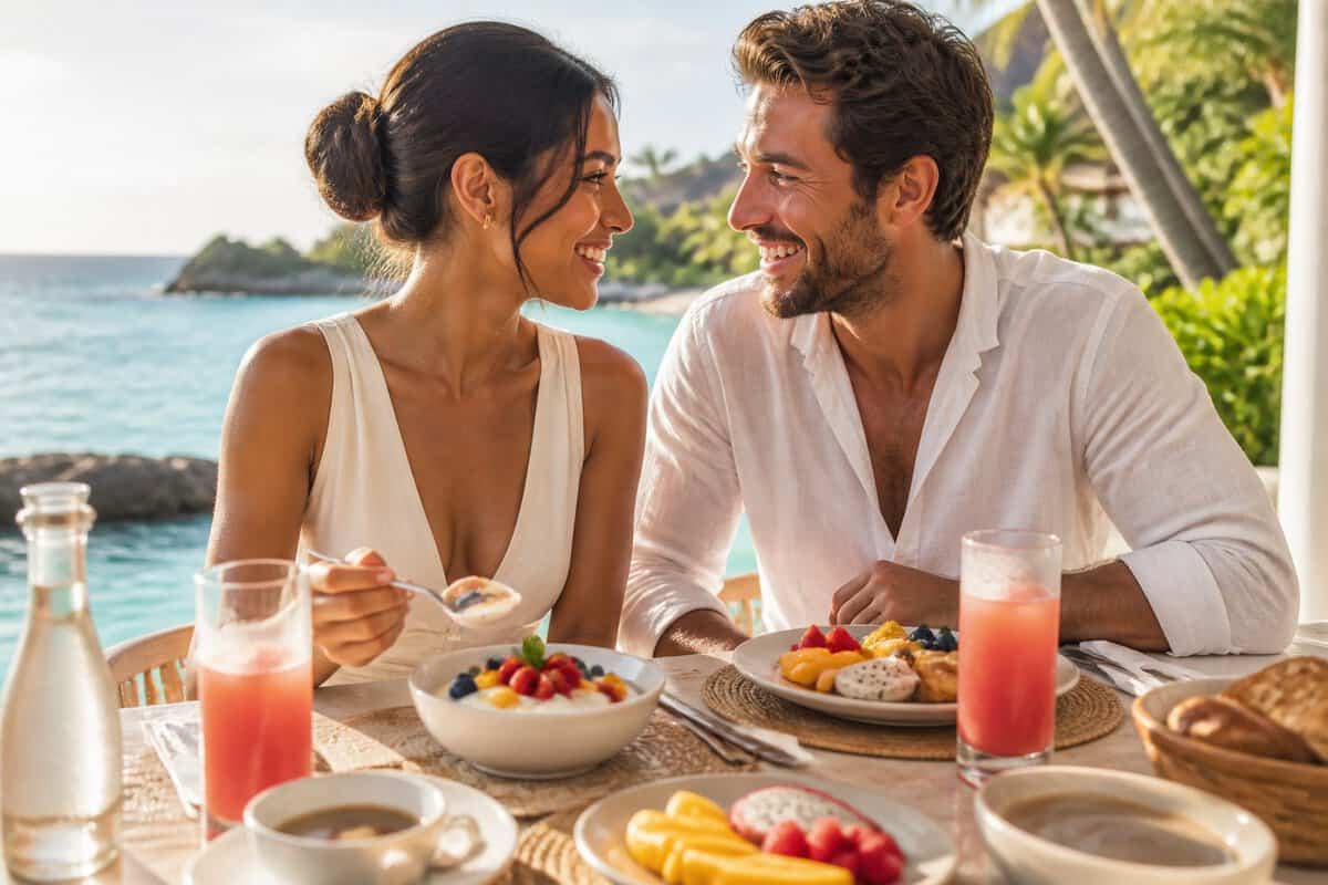 A newlywed couple enjoys yogurt and fruit at breakfast on a tropical resort terrace overlooking the ocean.
