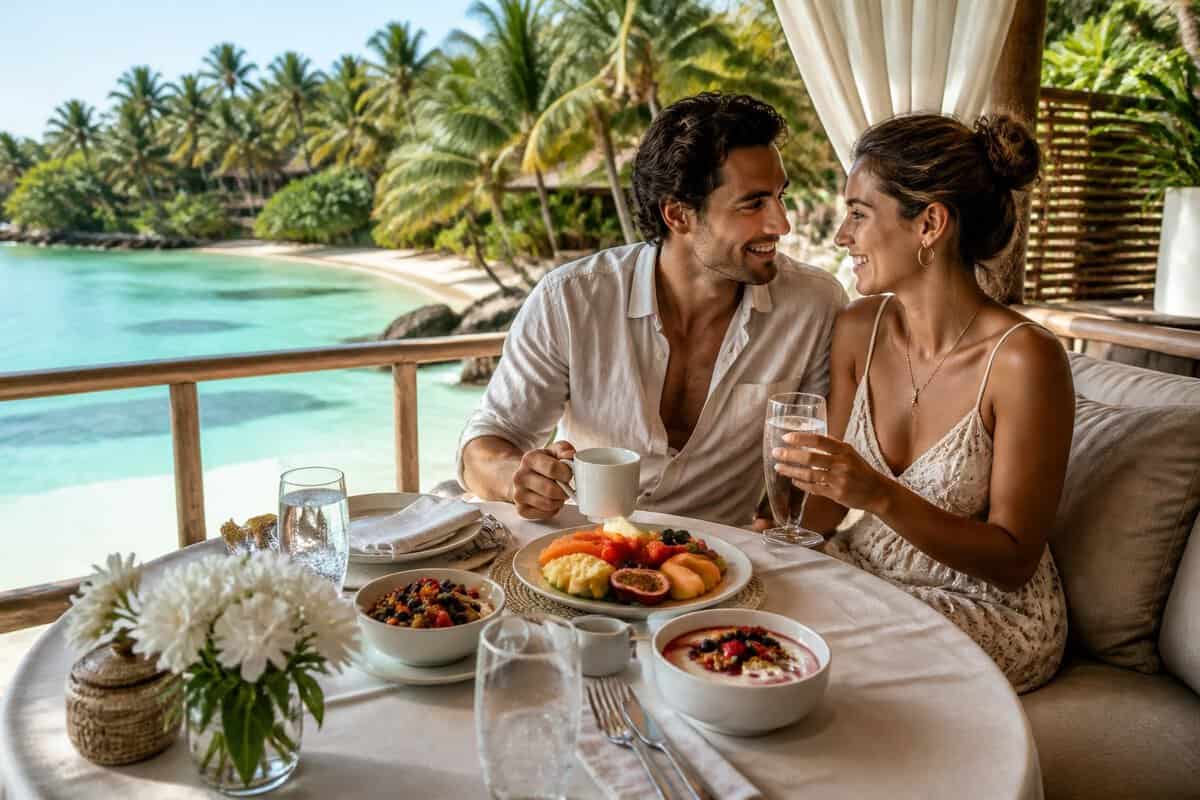 A newlywed couple enjoys breakfast with yogurt and fruit on a tropical resort terrace overlooking the ocean.