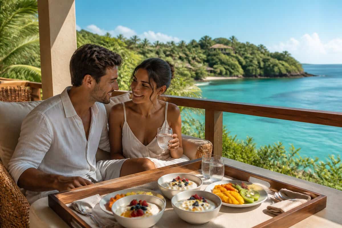 A honeymoon couple enjoys yogurt and fruit on a private tropical resort balcony overlooking the water.