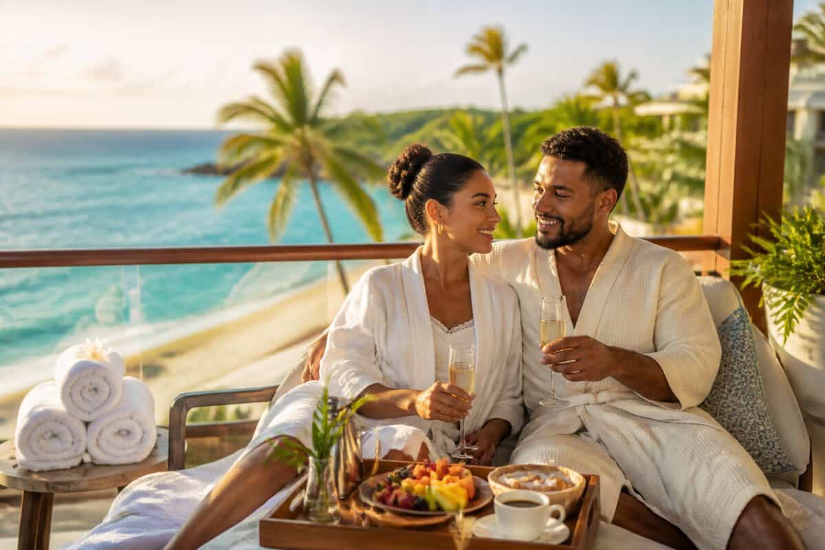A newlywed couple relaxes on a tropical resort terrace overlooking the ocean with breakfast and drinks nearby.