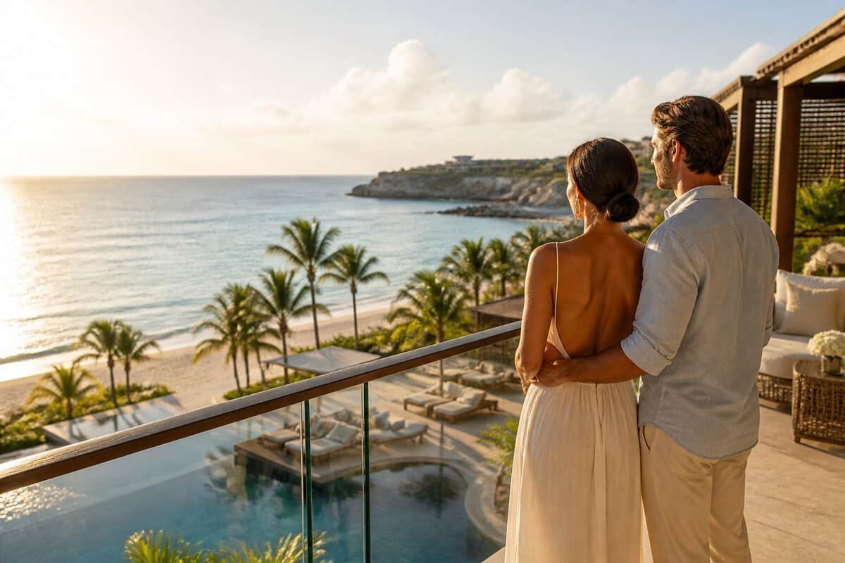 A newlywed couple relaxes on a tropical resort terrace overlooking the ocean.