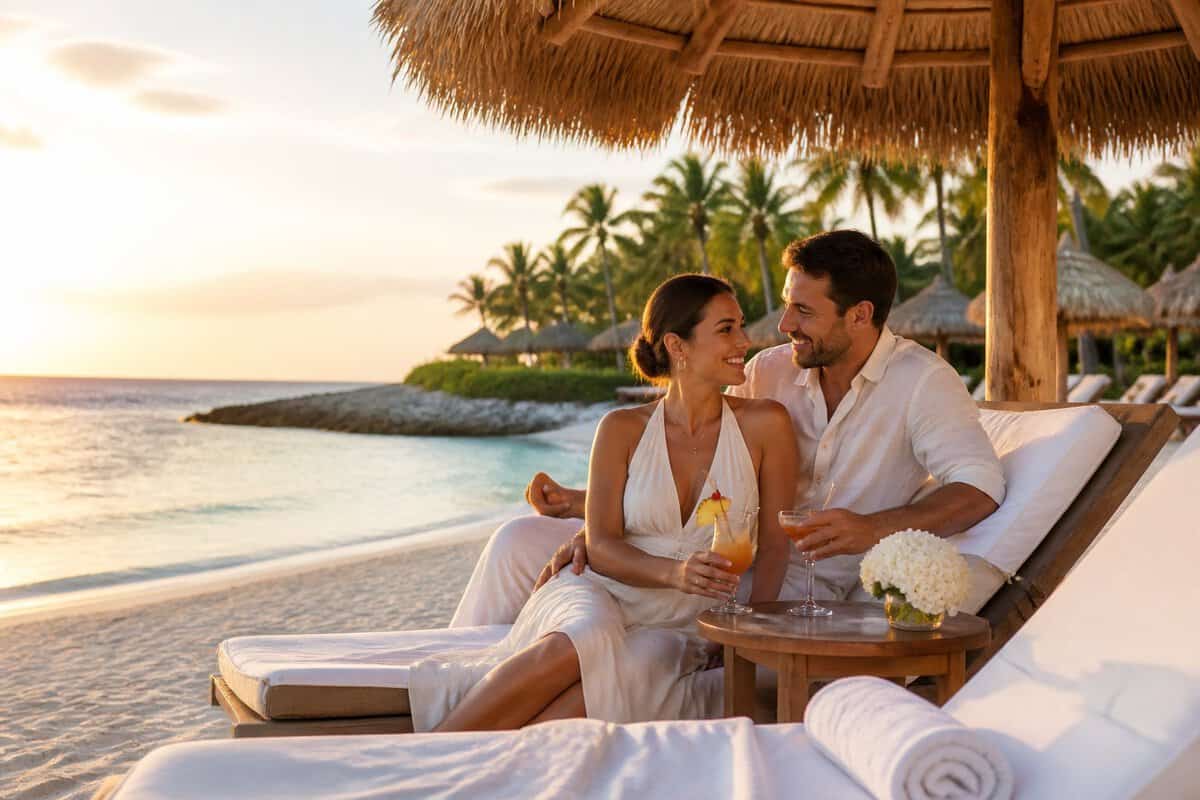 Newlywed couple relaxing together at a luxury tropical beach resort during sunset.