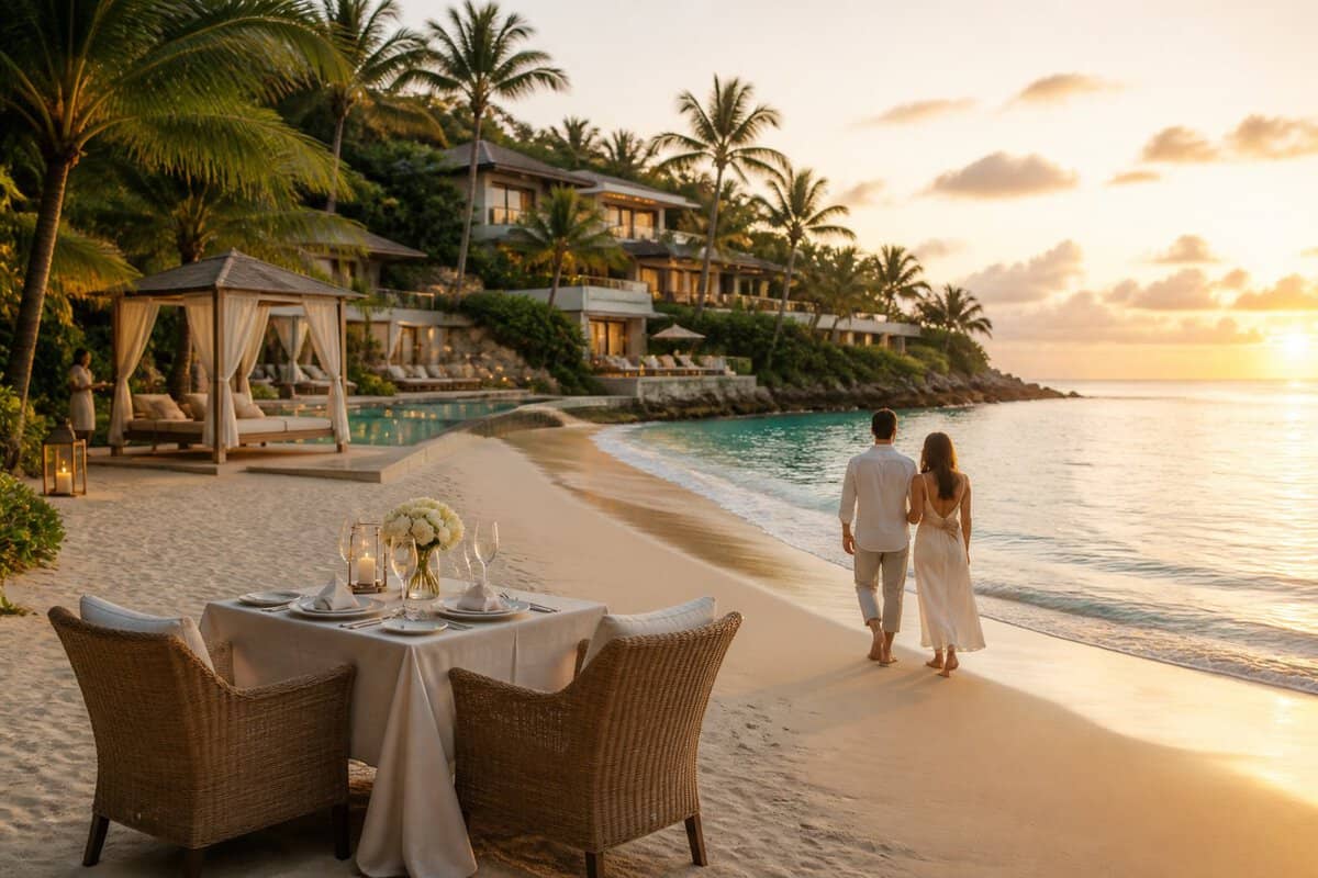 A couple walks along a tropical beach beside a luxurious resort and a private dinner setup for two.