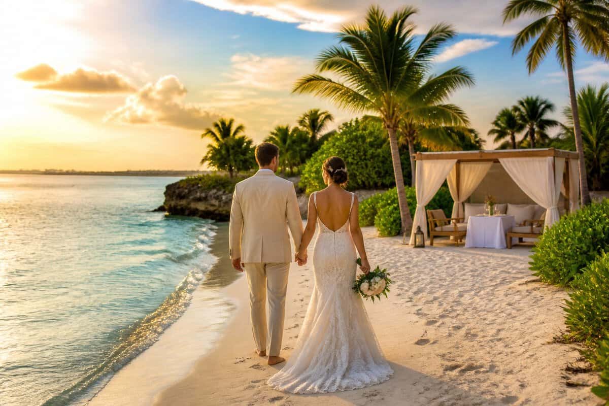 Newlywed couple walking along a white-sand beach at a tropical Turks and Caicos resort.