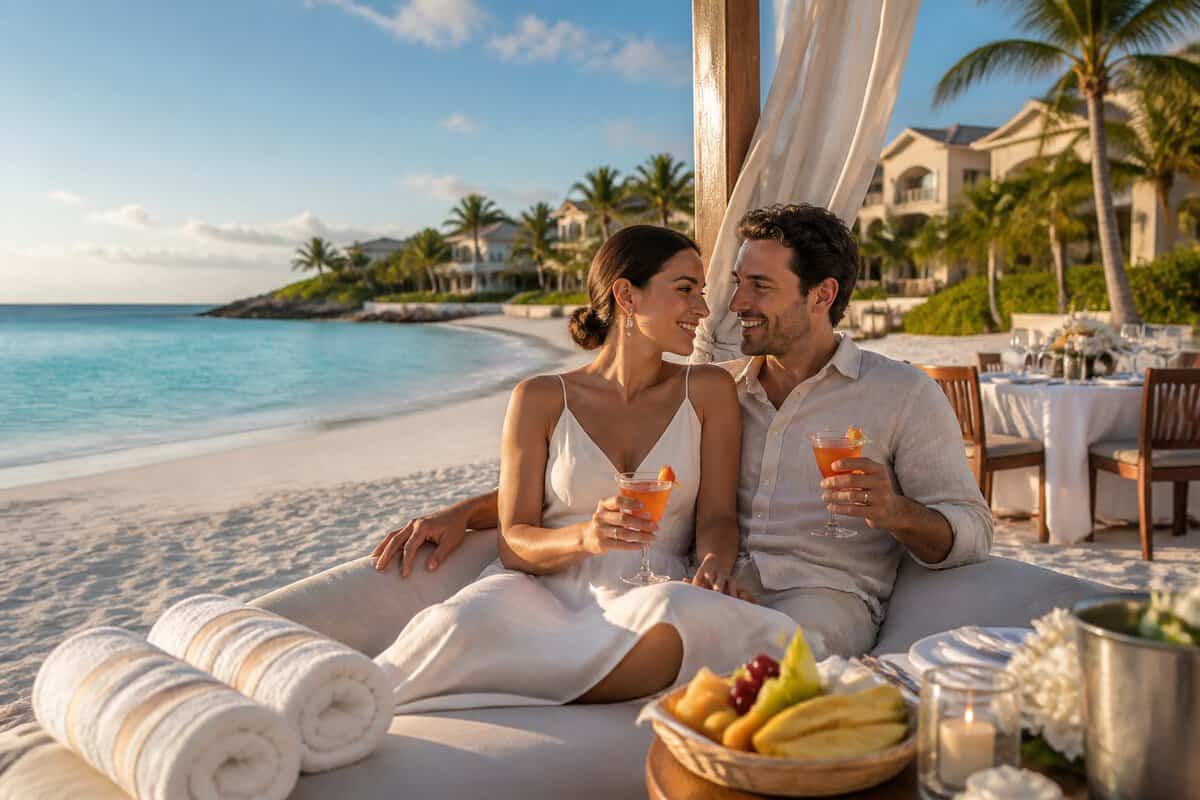 Newlywed couple relaxing on a tropical beach in Turks and Caicos beside clear turquoise water.