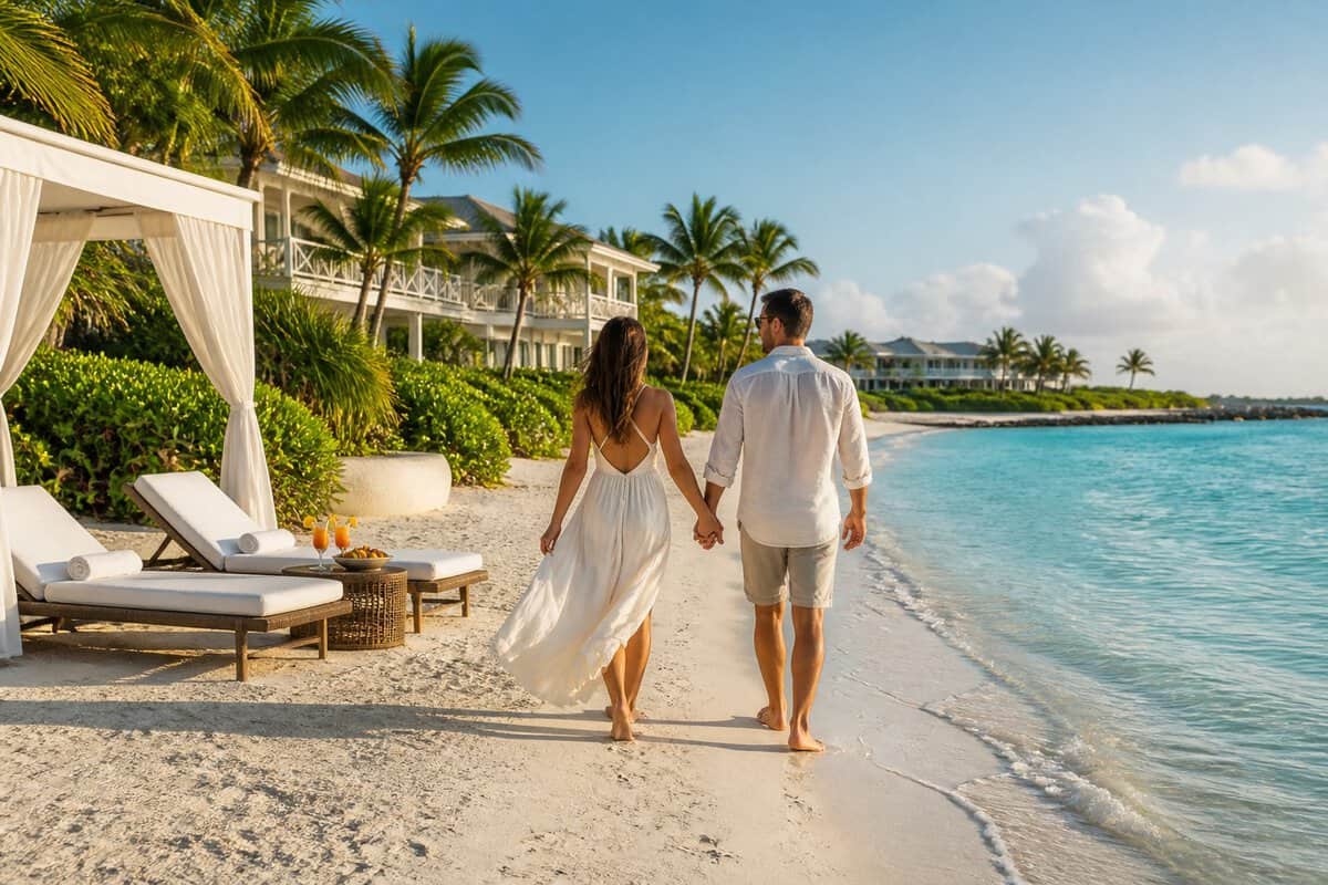 A couple walks along a white-sand beach beside turquoise water near a luxury resort.