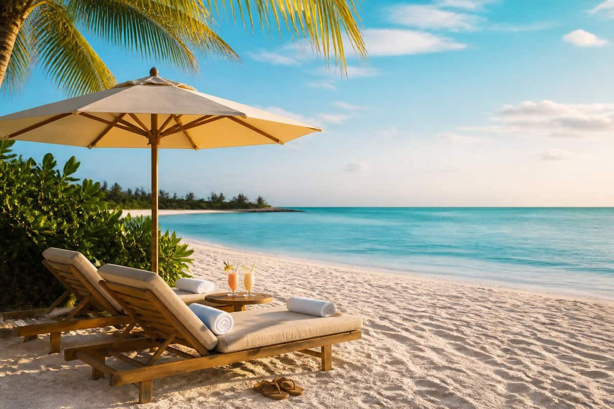Two lounge chairs and tropical drinks beside clear turquoise water on a quiet white-sand beach.