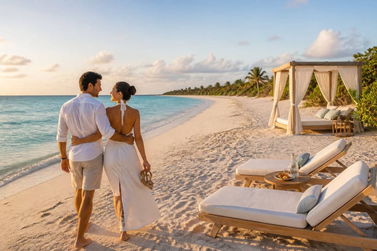A newlywed couple walks barefoot along a quiet white-sand beach in Turks and Caicos at sunset.