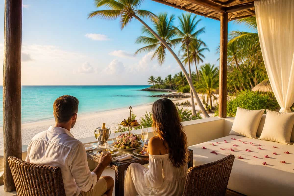 A couple enjoys a romantic meal on a Zanzibar beach beside turquoise ocean water and palm trees.