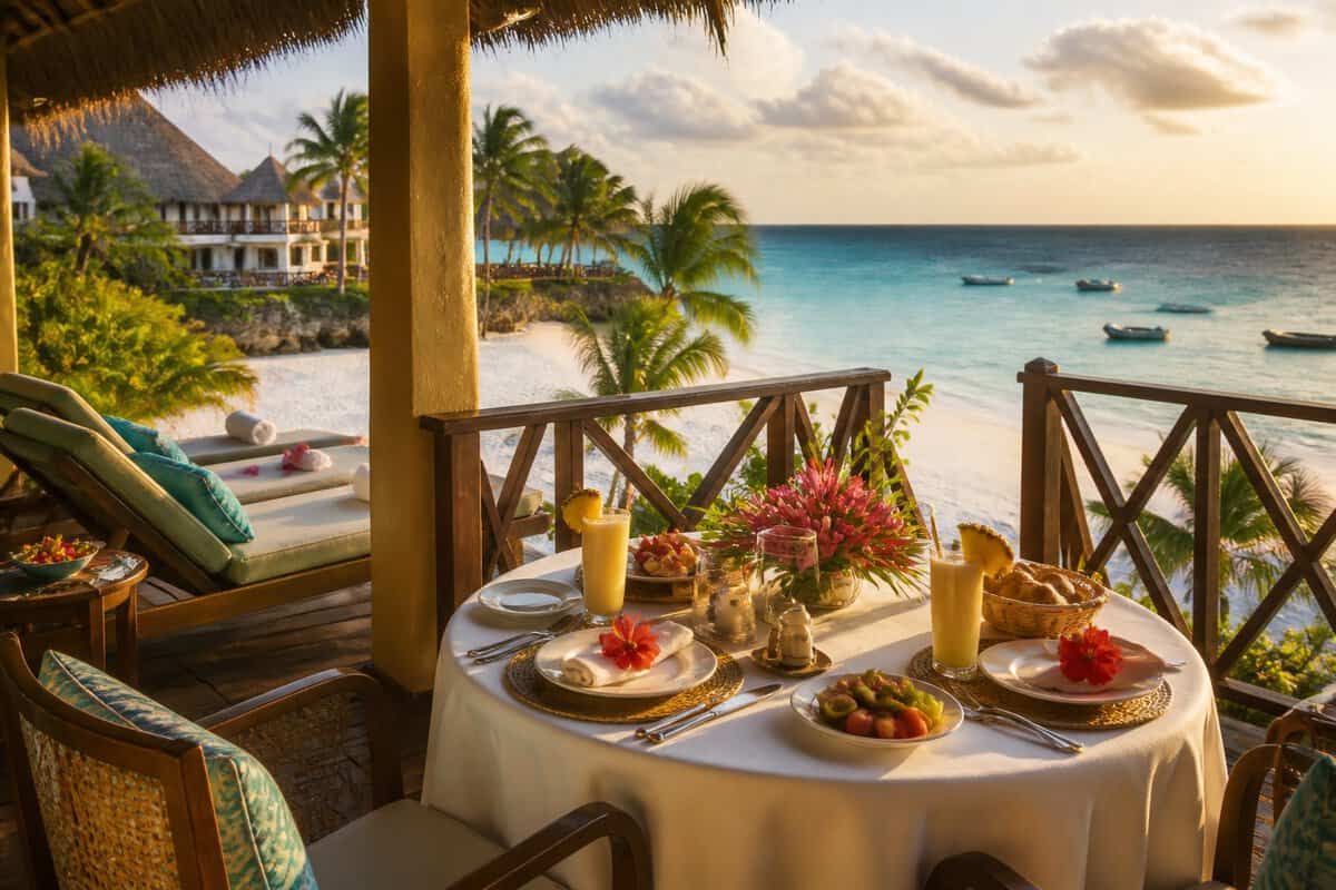 A romantic dining setup for two on a Zanzibar beach resort terrace overlooking the turquoise ocean.