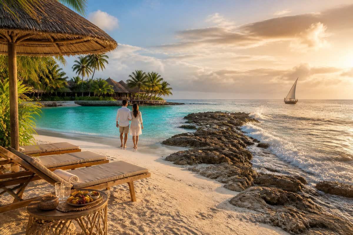 A honeymoon couple walks along a tropical Zanzibar beach beside a luxury resort, with calm turquoise water, palms, and a sailboat offshore.